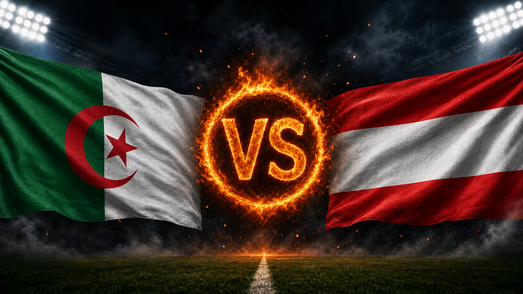Algerien gegen Österreich Beitragsbild mit VS-Feuerball im Stadion