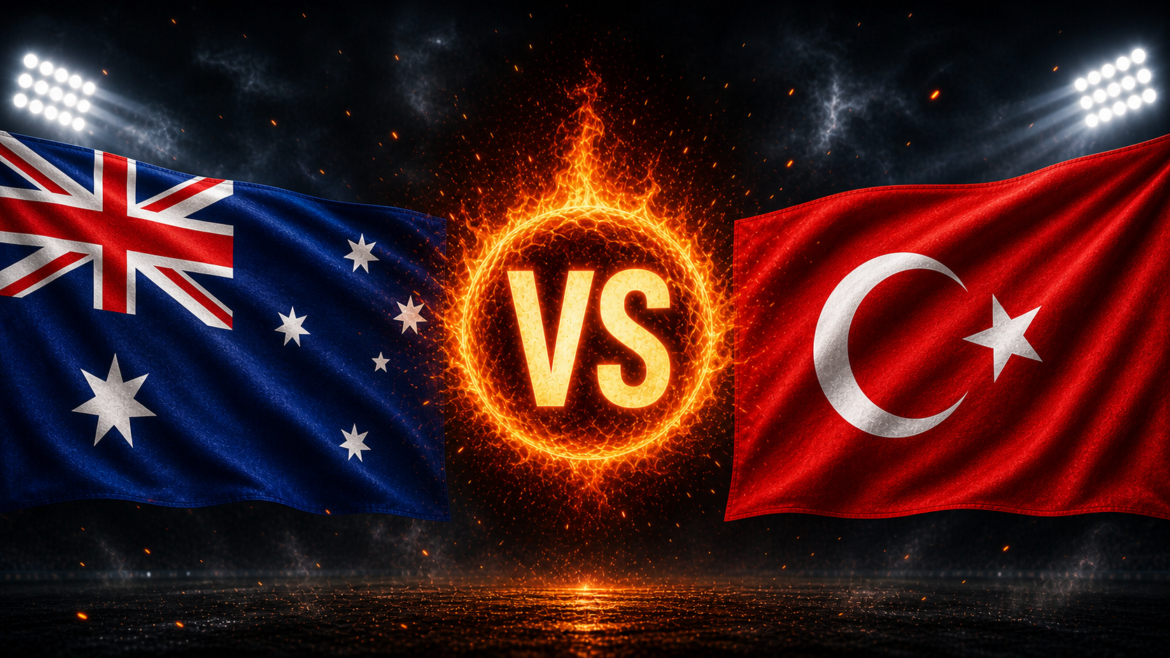 Flaggen von Australien und der Türkei mit einem VS-Feuerball
