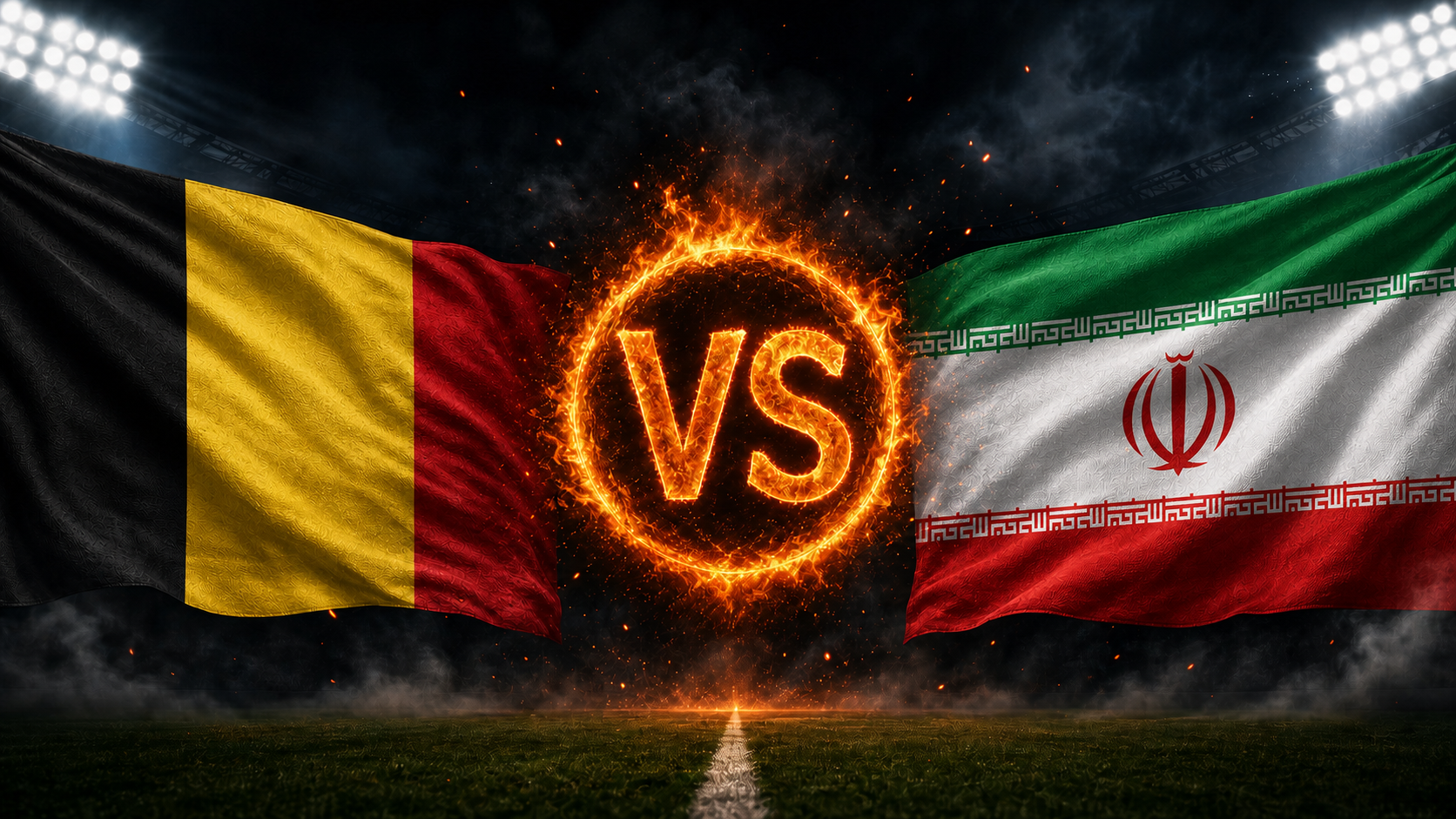 Belgien gegen Iran Beitragsbild mit VS-Feuerball im Stadion
