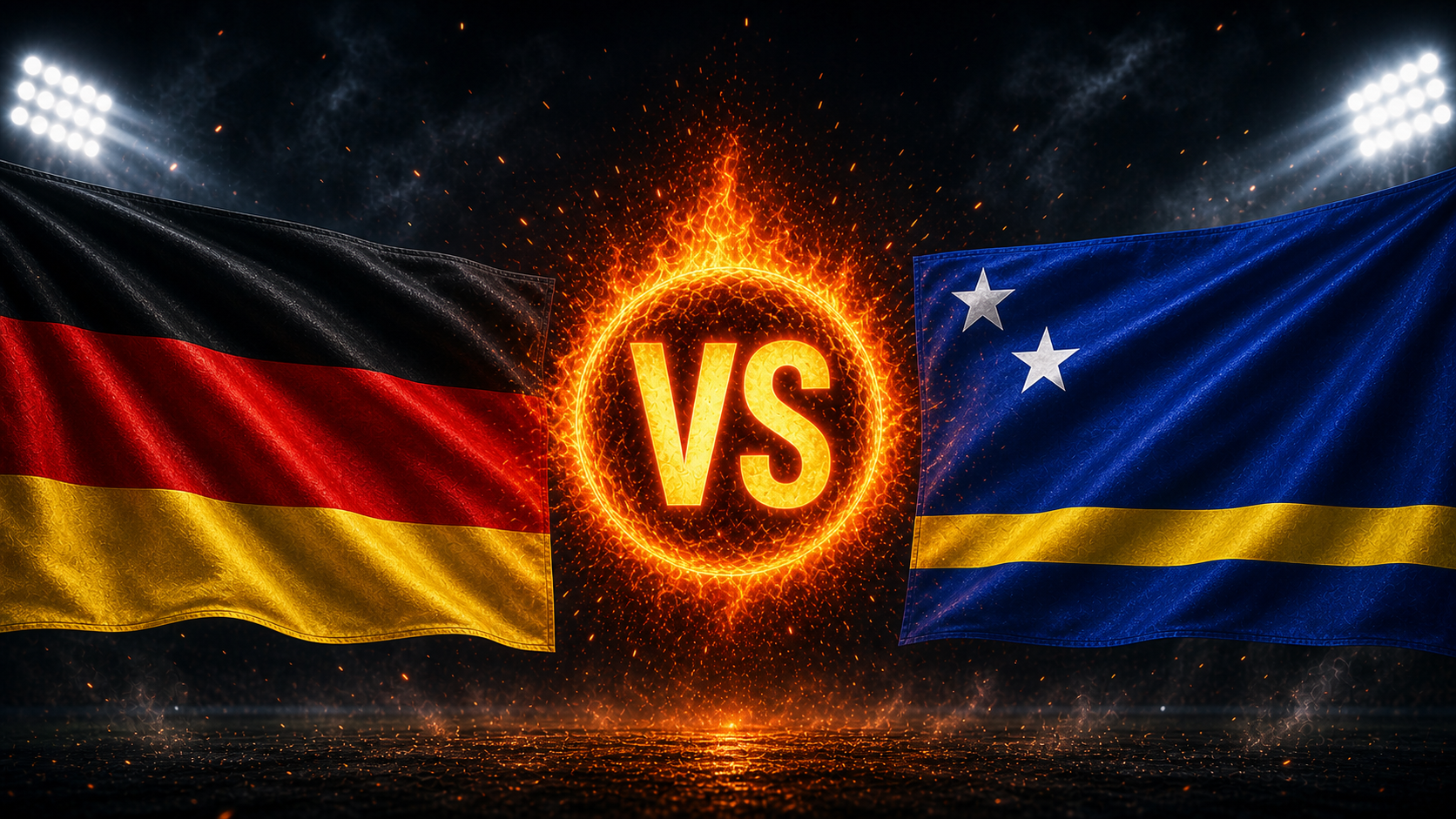 Flaggen von Deutschland und Curaçao mit einem VS-Feuerball
