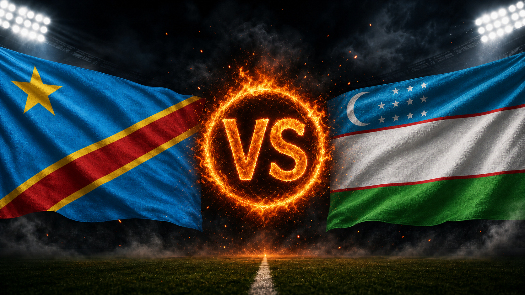 DR Kongo gegen Usbekistan Beitragsbild mit VS-Feuerball im Stadion