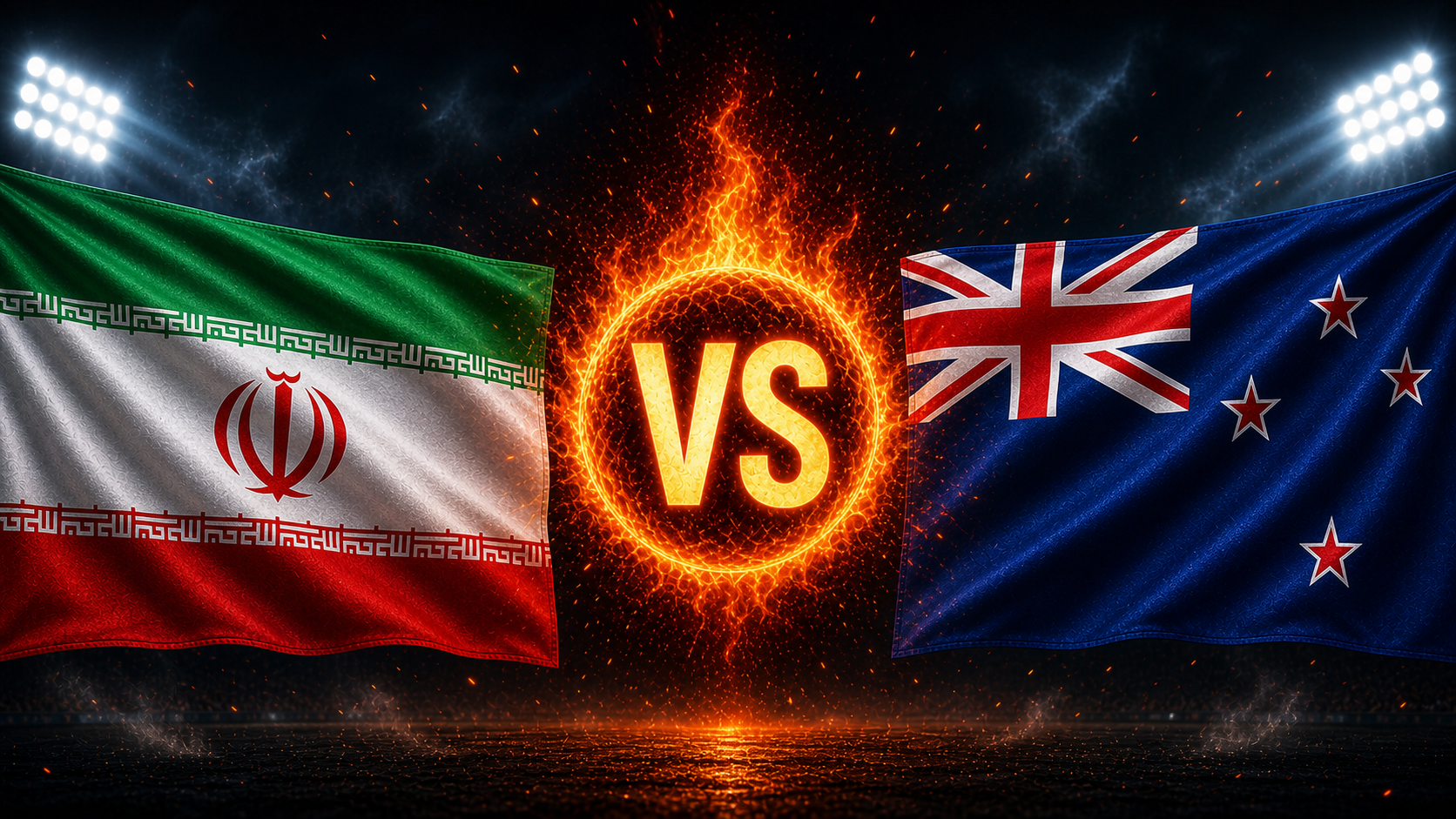 Flaggen von Iran und Neuseeland mit einem VS-Feuerball