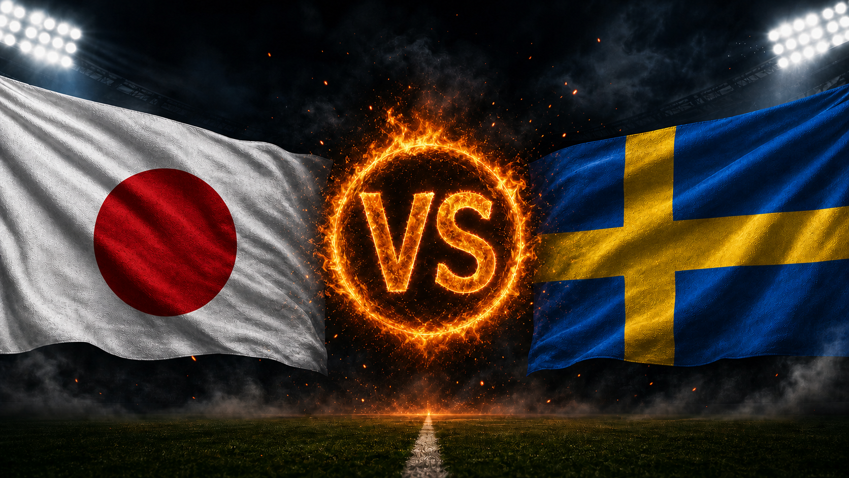 Japan gegen Schweden Beitragsbild mit VS-Feuerball im Stadion