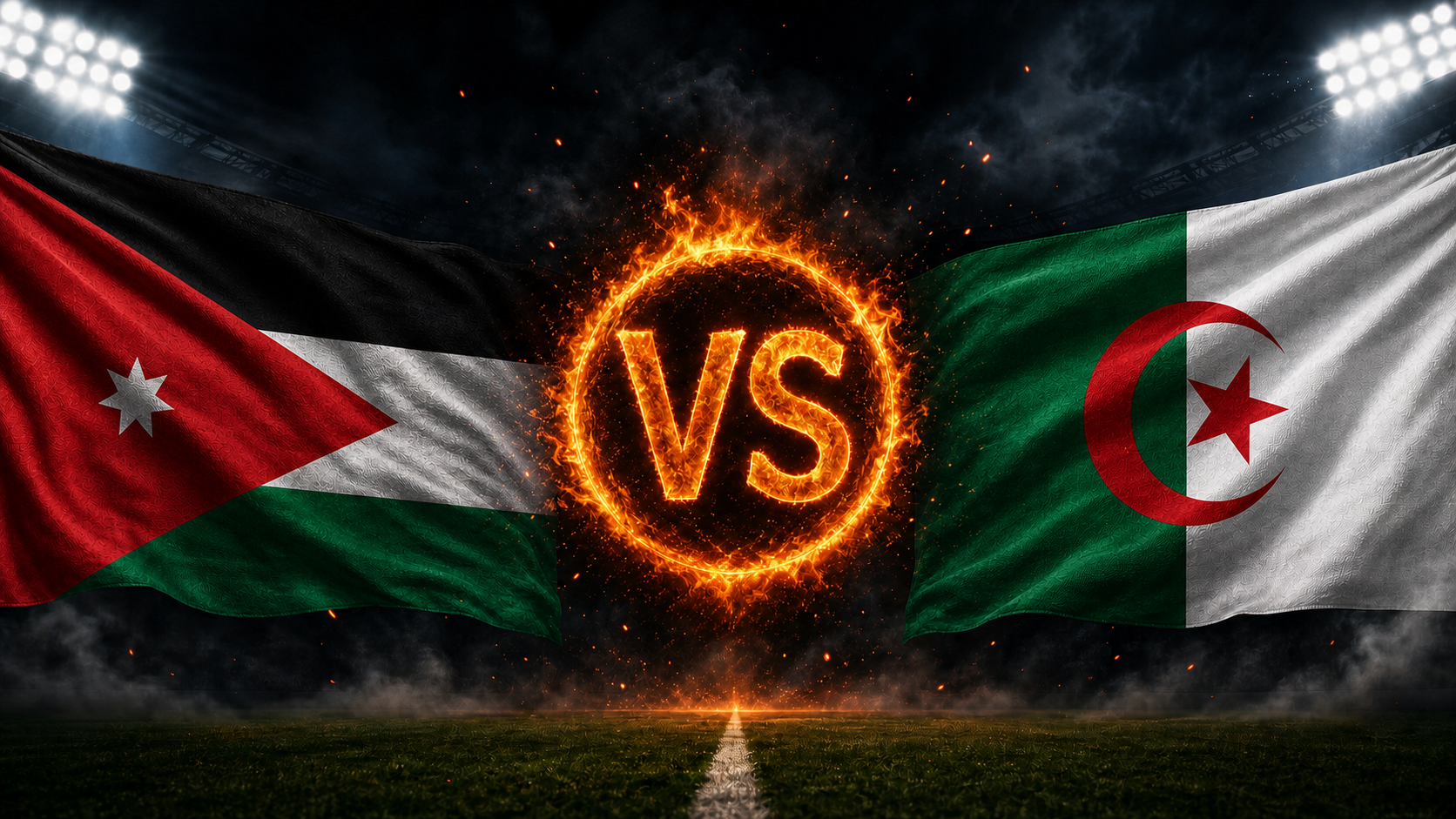 Jordanien gegen Algerien Beitragsbild mit VS-Feuerball im Stadion