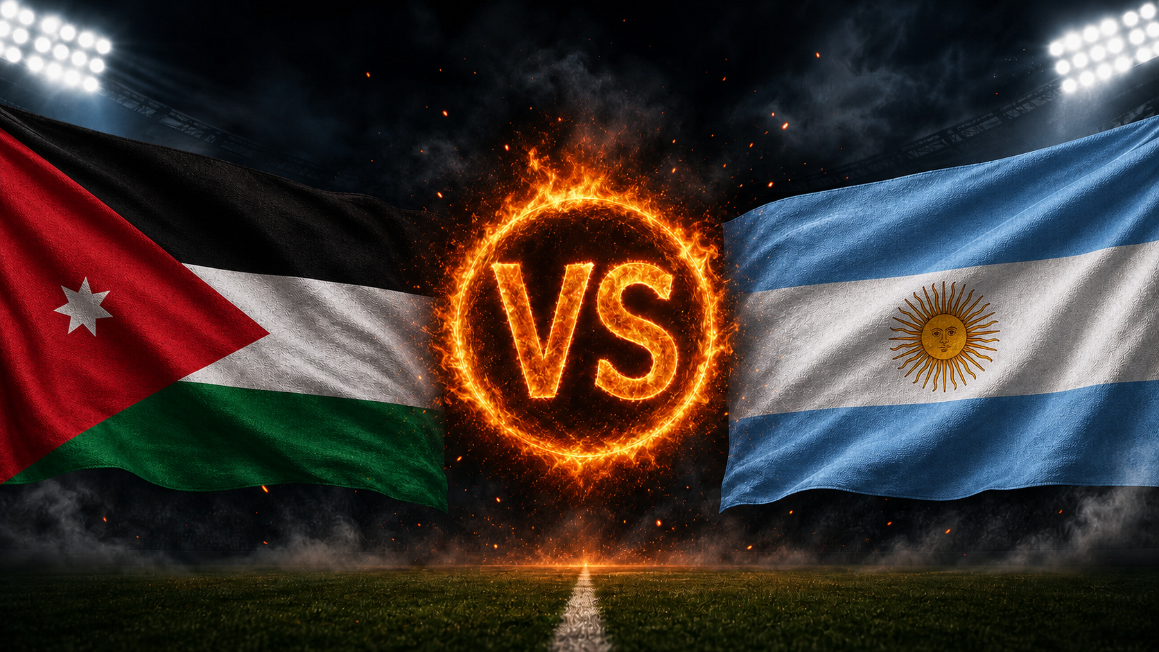 Jordanien gegen Argentinien Beitragsbild mit VS-Feuerball im Stadion