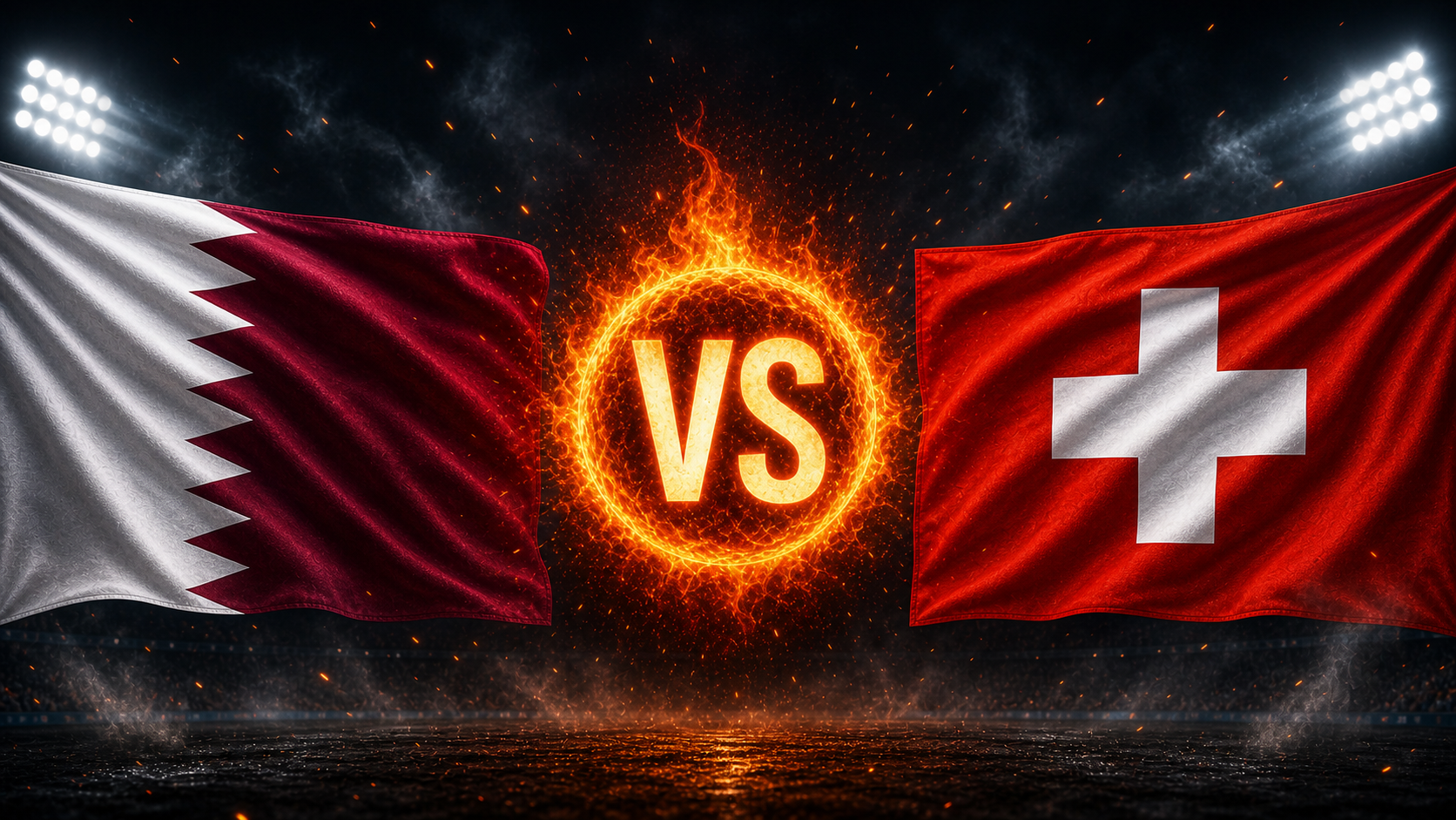 Flaggen von Katar und der Schweiz mit einem VS-Feuerball