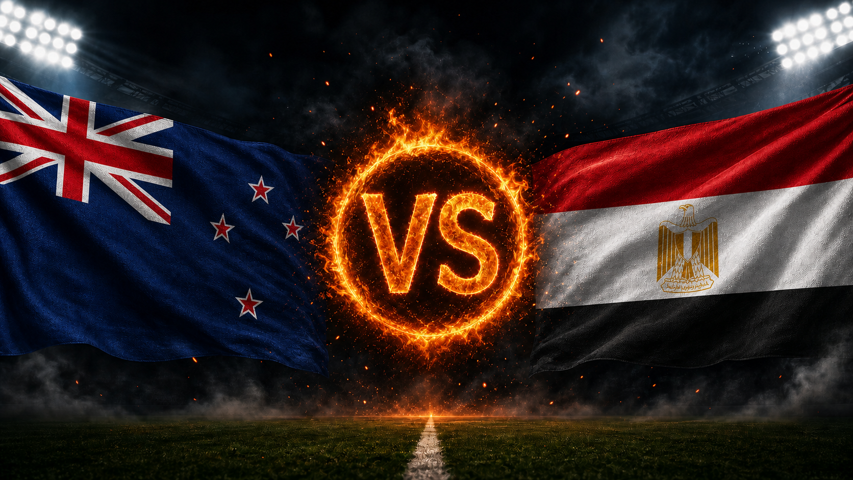 Neuseeland gegen Ägypten Beitragsbild mit VS-Feuerball im Stadion