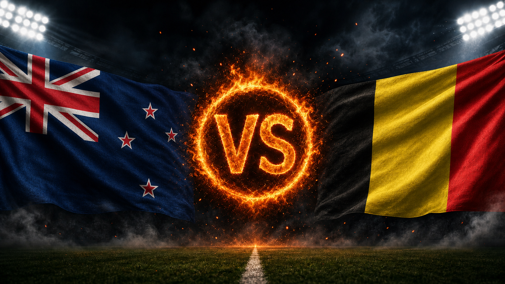 Neuseeland gegen Belgien Beitragsbild mit VS-Feuerball im Stadion