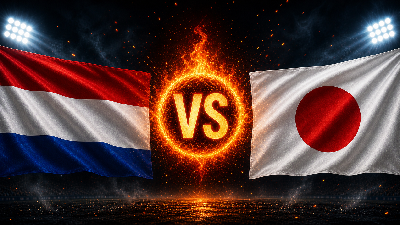 Flaggen der Niederlande und Japans mit einem VS-Feuerball