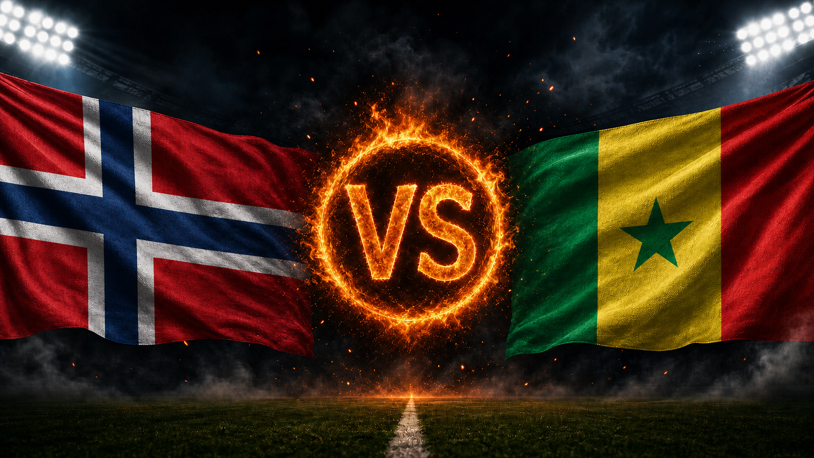 Norwegen gegen Senegal Beitragsbild mit VS-Feuerball im Stadion