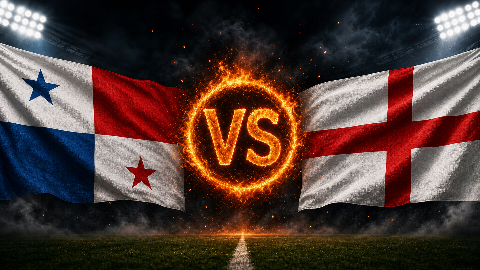 Panama gegen England Beitragsbild mit VS-Feuerball im Stadion