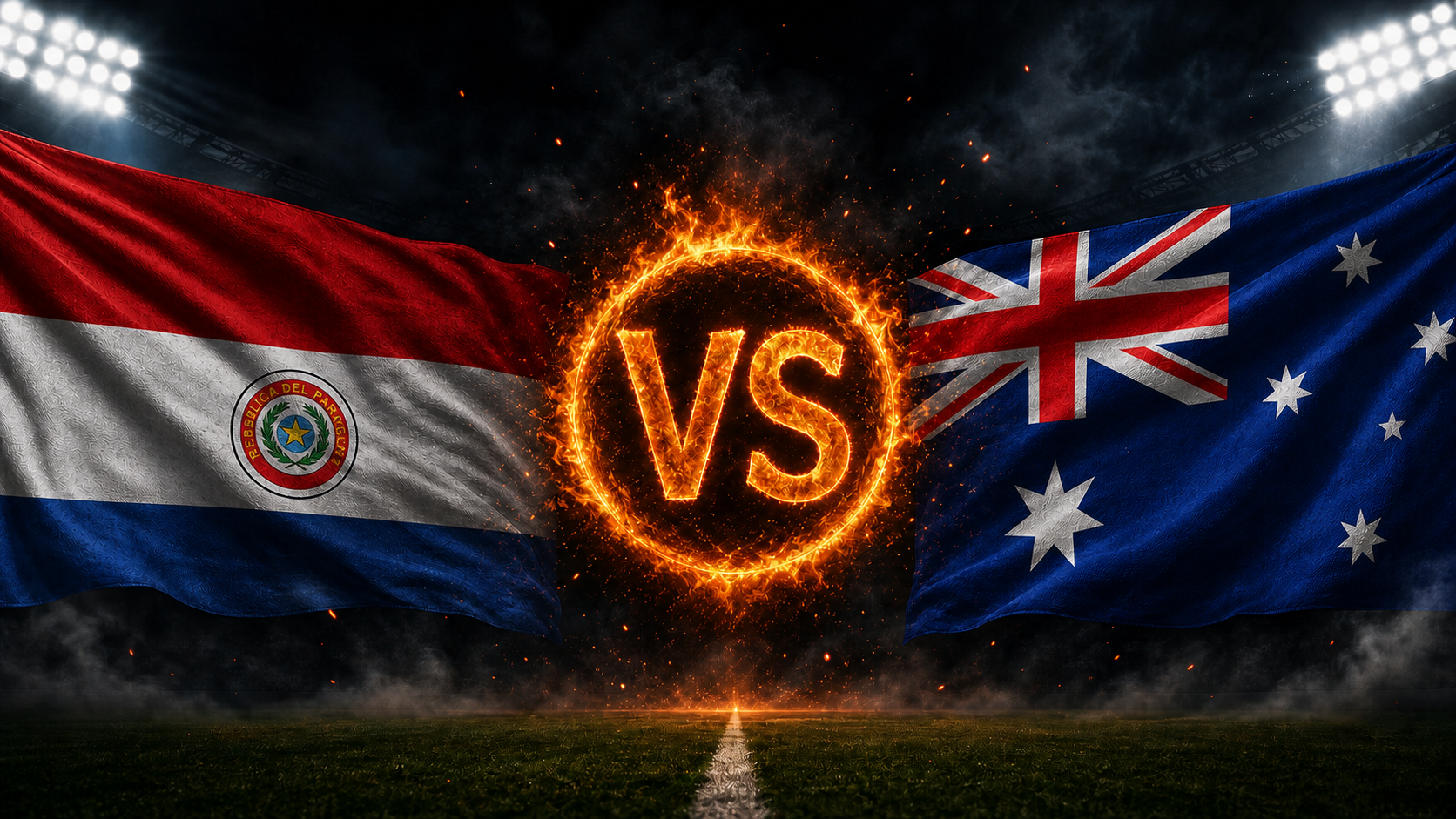 Paraguay gegen Australien Beitragsbild mit VS-Feuerball im Stadion
