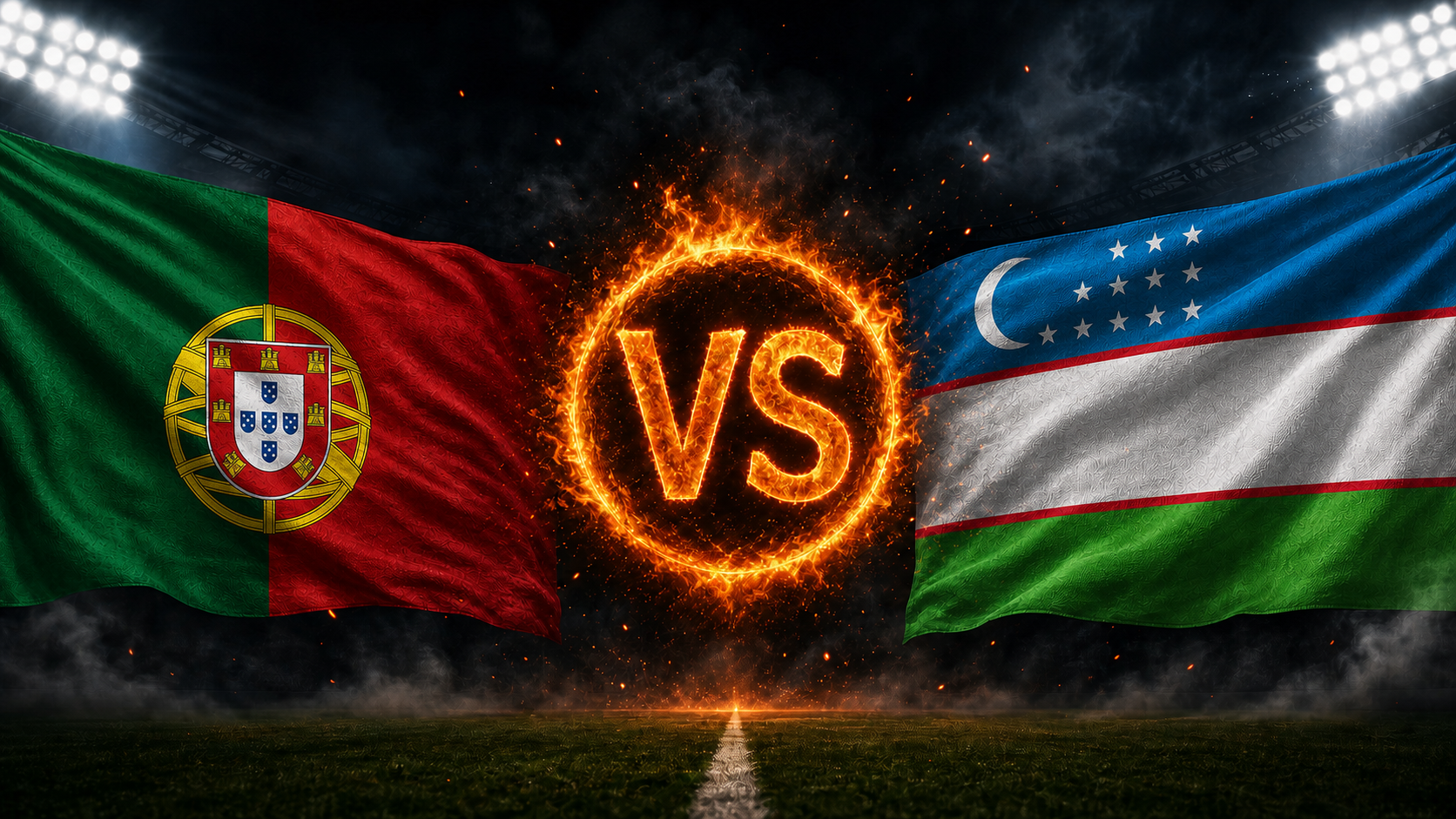 Portugal gegen Usbekistan Beitragsbild mit VS-Feuerball im Stadion