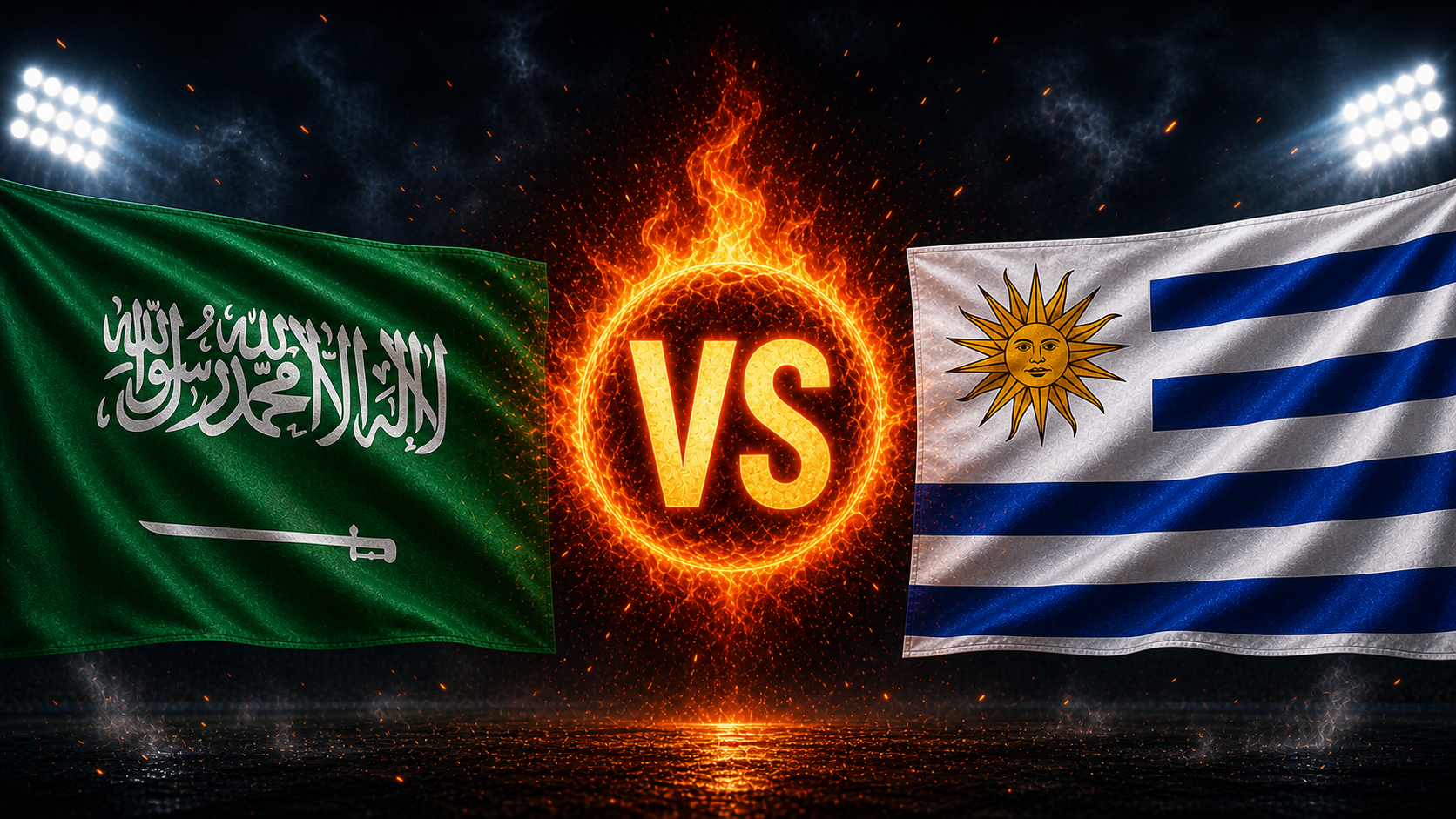 Flaggen von Saudi-Arabien und Uruguay mit einem VS-Feuerball