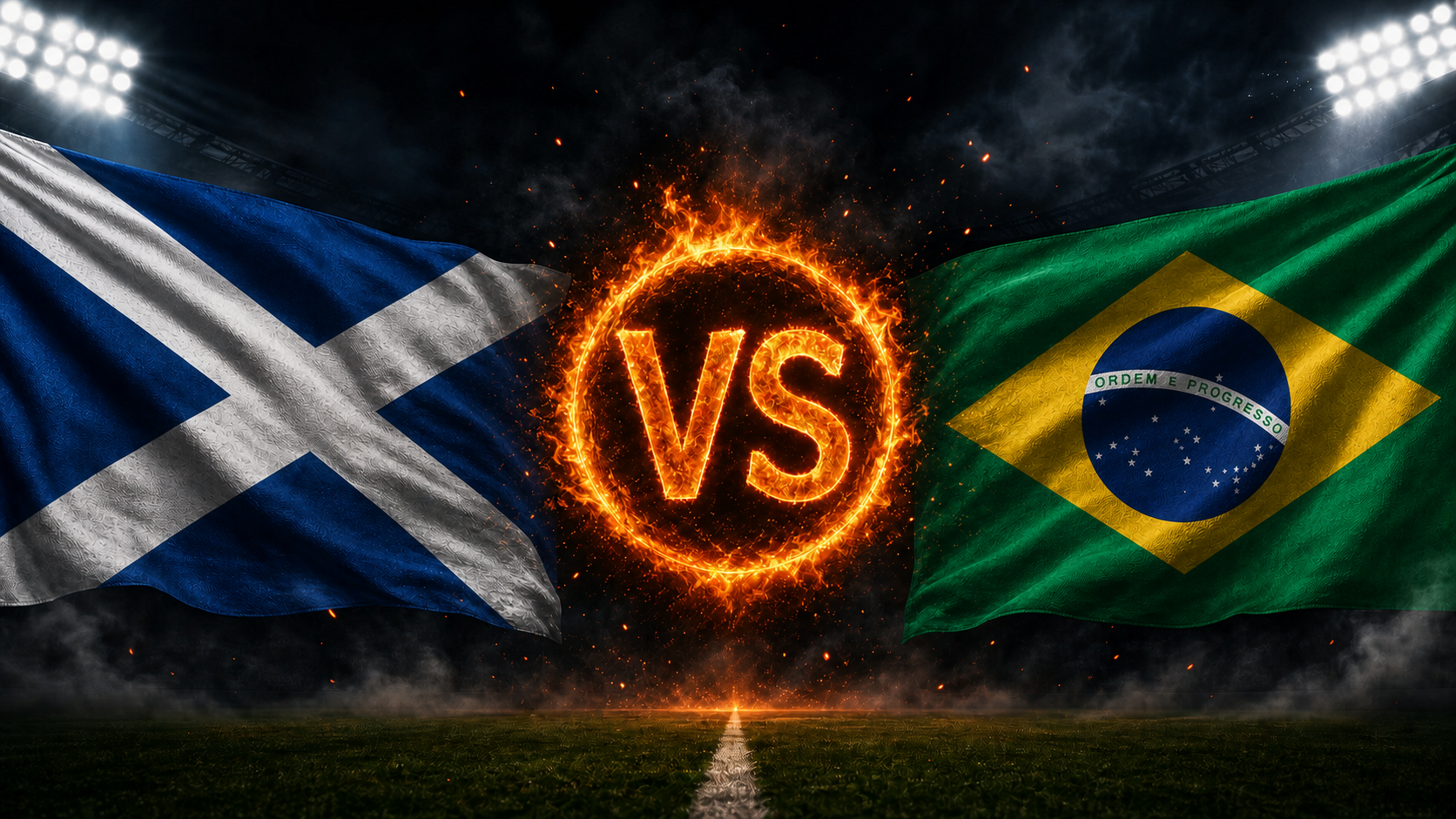 Schottland gegen Brasilien Beitragsbild mit VS-Feuerball im Stadion
