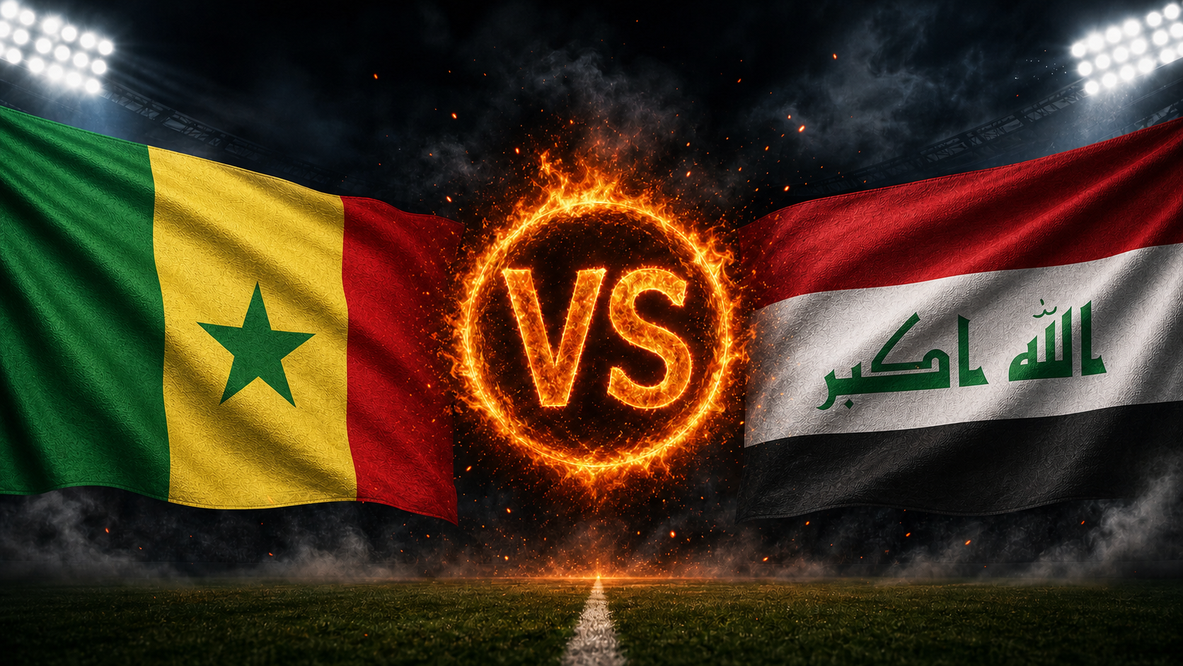 Senegal gegen Irak Beitragsbild mit VS-Feuerball im Stadion