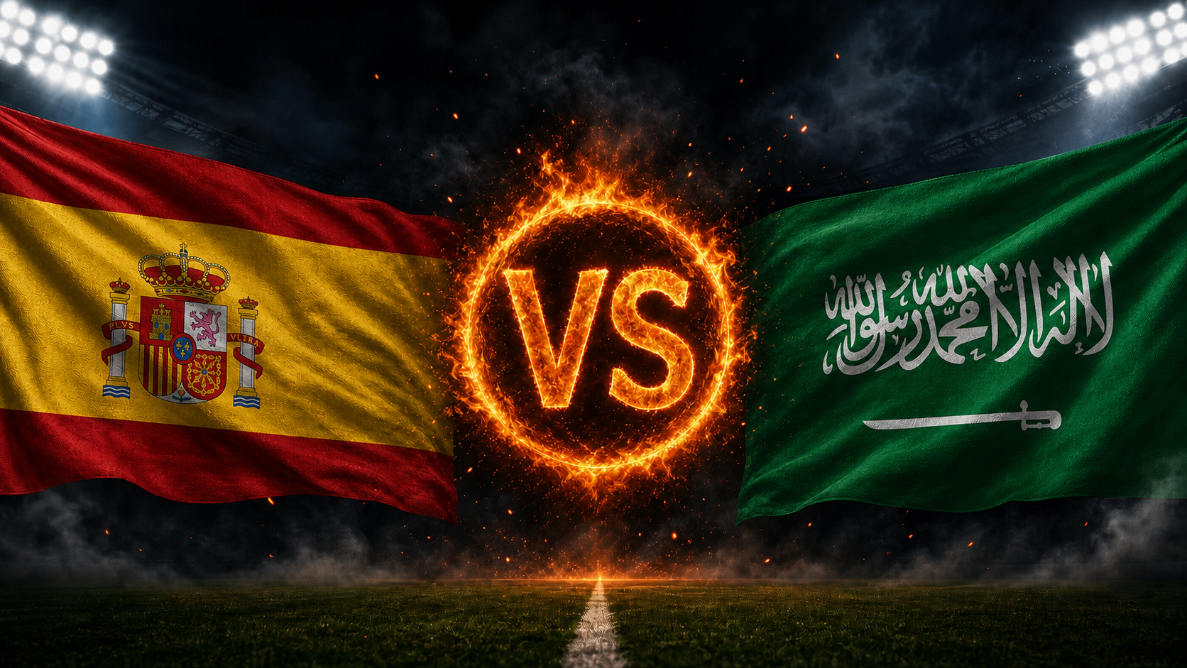 Spanien gegen Saudi-Arabien Beitragsbild mit VS-Feuerball im Stadion