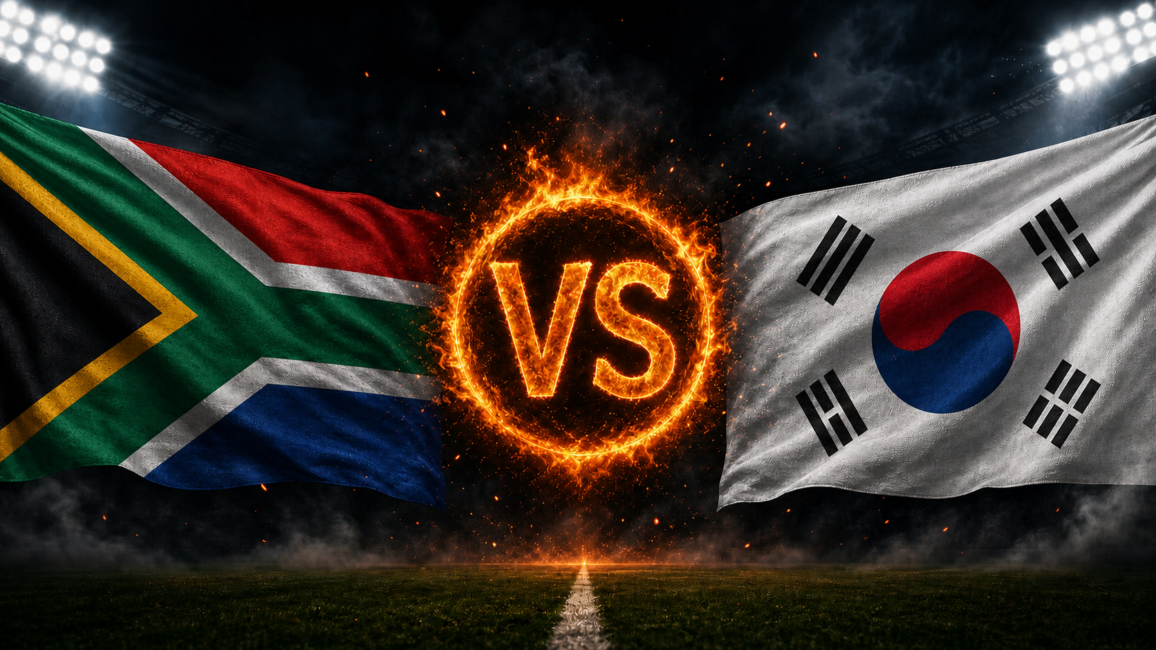 Südafrika gegen Südkorea Beitragsbild mit VS-Feuerball im Stadion