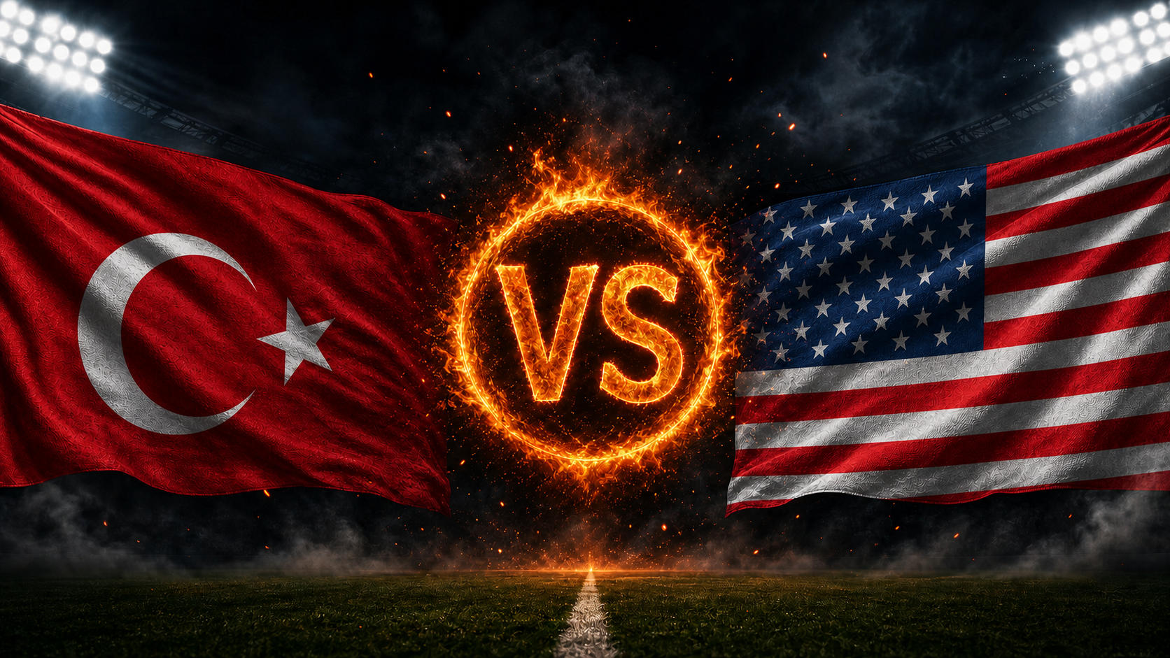 Türkei gegen USA Beitragsbild mit VS-Feuerball im Stadion