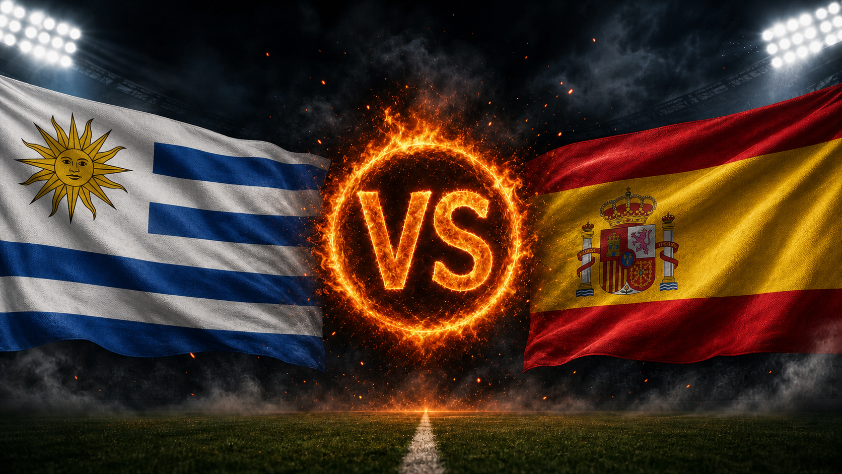 Uruguay gegen Spanien Beitragsbild mit VS-Feuerball im Stadion