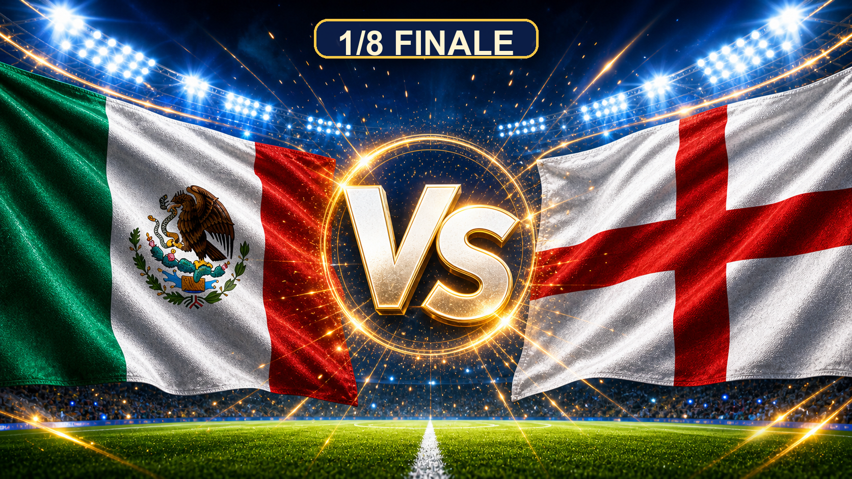 Mexiko gegen England Beitragsbild zum 1/8 Finale mit VS im Stadion