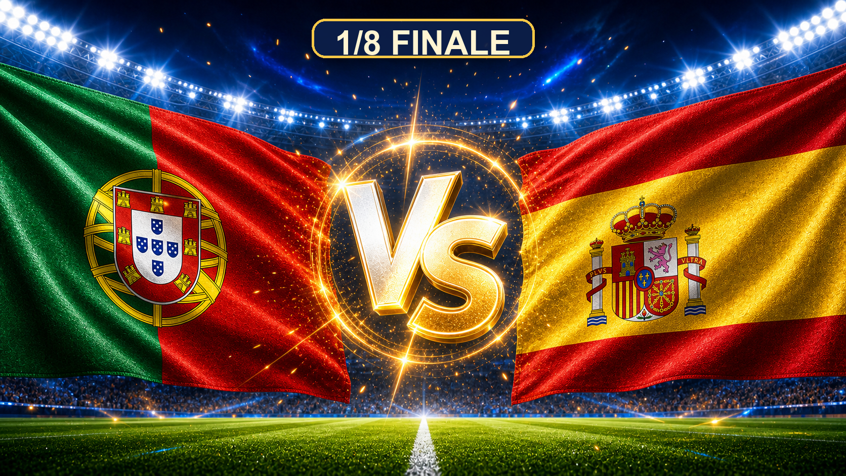 Portugal gegen Spanien Beitragsbild zum 1/8 Finale mit VS im Stadion